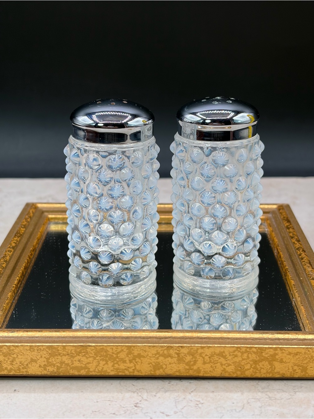 1940s Pair of Fenton French Glass Salt & Pepper Shakers-Hobnail White Opalescent